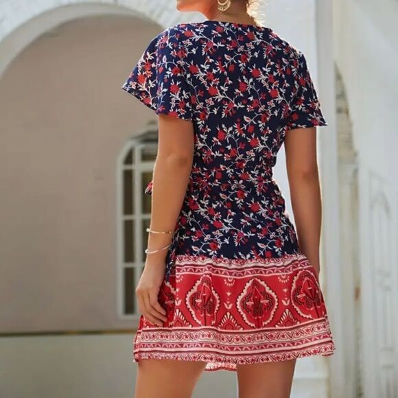 NEW! Cute Boho V Neck Wrap Around Mini Dress Bohemian Pattern Navy Red Trendy - Picture 4 of 5